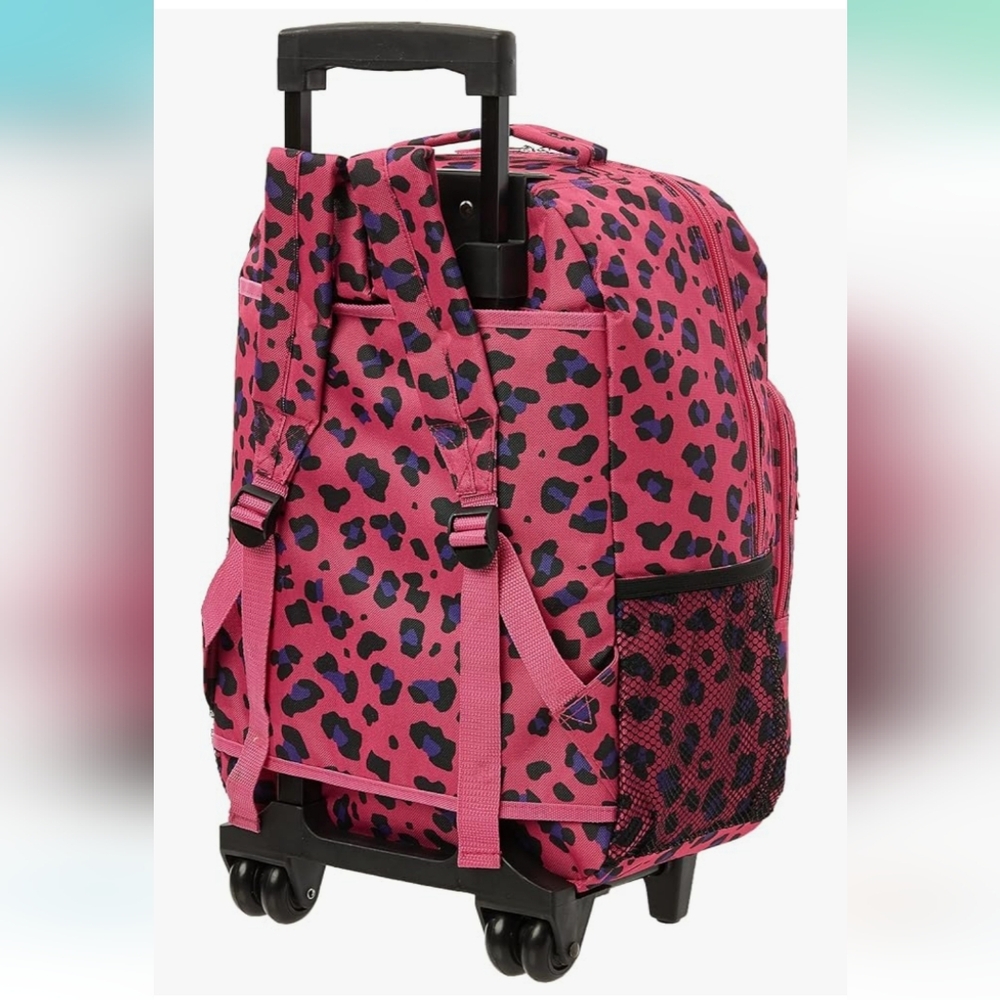Pink Leopard Print Rolling Backpack - Picture 3 of 14